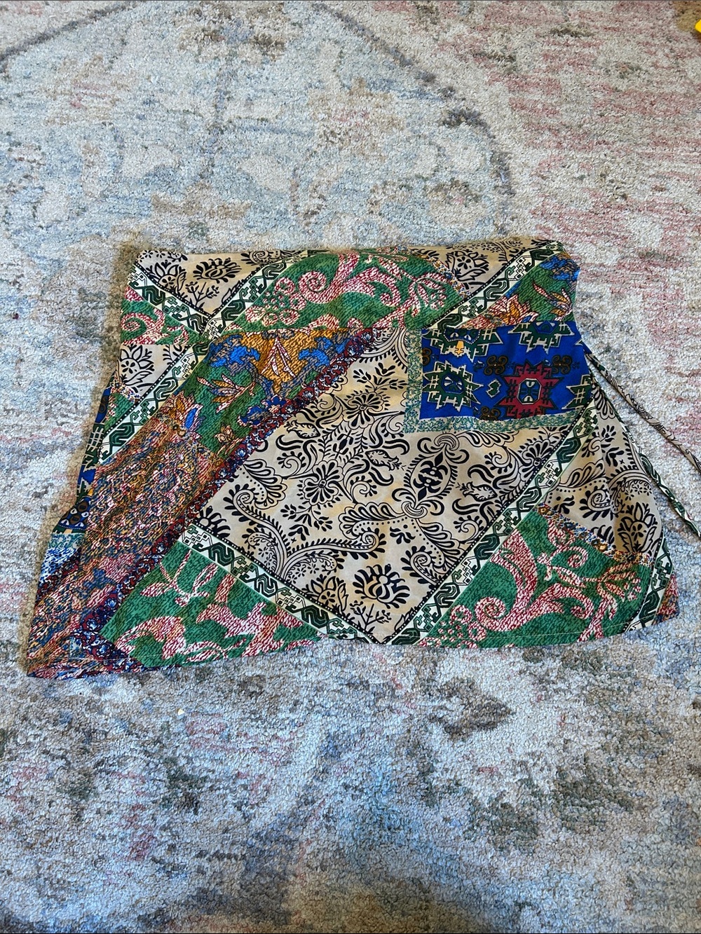 Patchwork Skirt in Green, Cream & Blue